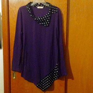 Nendu XL long sleeve purple with black and white polka accents on collar and hem